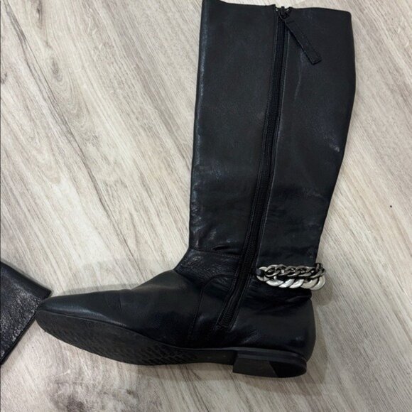 Calvin Klein Martha  Black Leather Knee-High Boots with Chain Detail size 5.5 - Picture 3 of 7